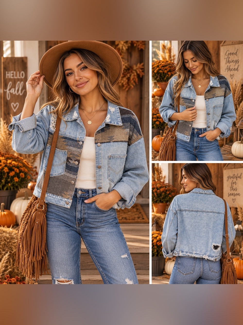 Women’s Light Blue Patchwork Denim Jacket - Casual Cropped Jean Jacket